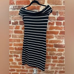Black and white stripped off the shoulder midi dress